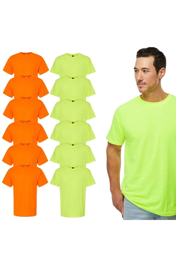 Men’s Safety T-Shirt, Gold Soft Touch Hi Vis Tee, Work Tee, Green & Orange, Pack 12, M