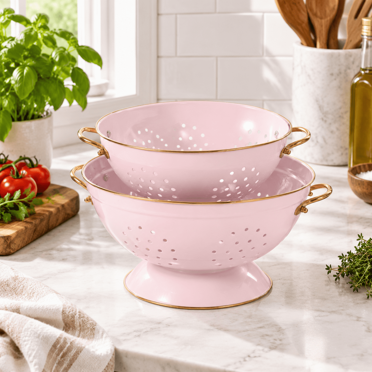 M-PINK Metal Colander Set of 2, 3.5 & 5 Qt, Powder Coated Kitchen ...