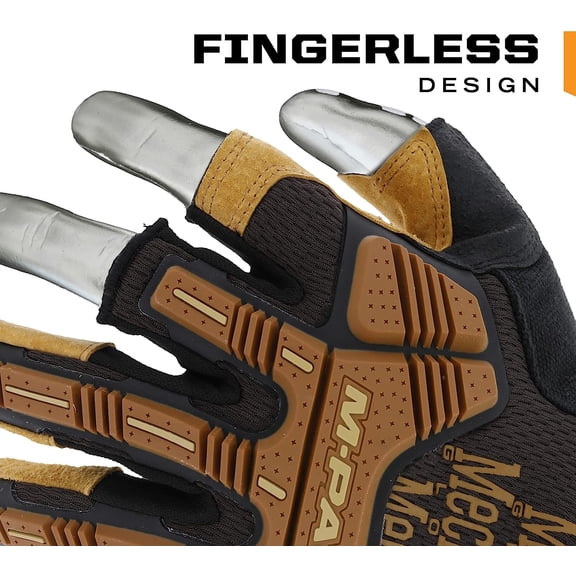 : M-Pact Durahide Leather Framer Work Gloves, Fingerless Design, Work Gloves with Impact Protection and Vibration Absorption, Safety Gloves for Men (Brown, Large)