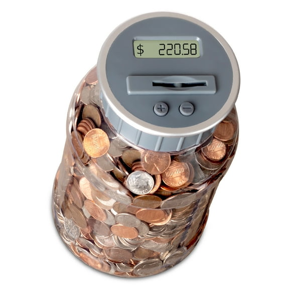 M&R Digital Counting Coin Bank. Batteries Included! Personal Coin Counter/Money Clear jar, Silver Top totals up Your Savings- Works with All U.S. Coins-in Retail Packaging.