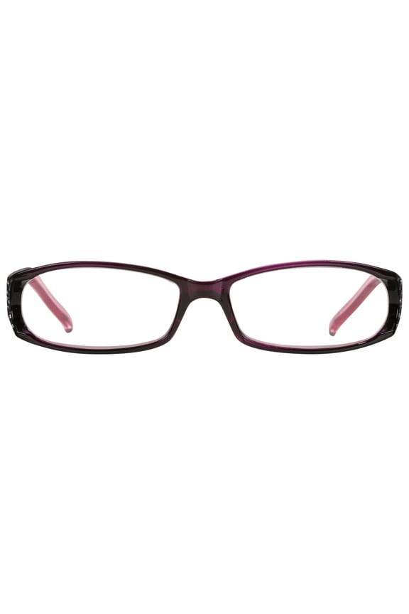 M+ Womens Rectangular Plastic Reading Glasses 1.50 Amber in Purple with Rhinestones