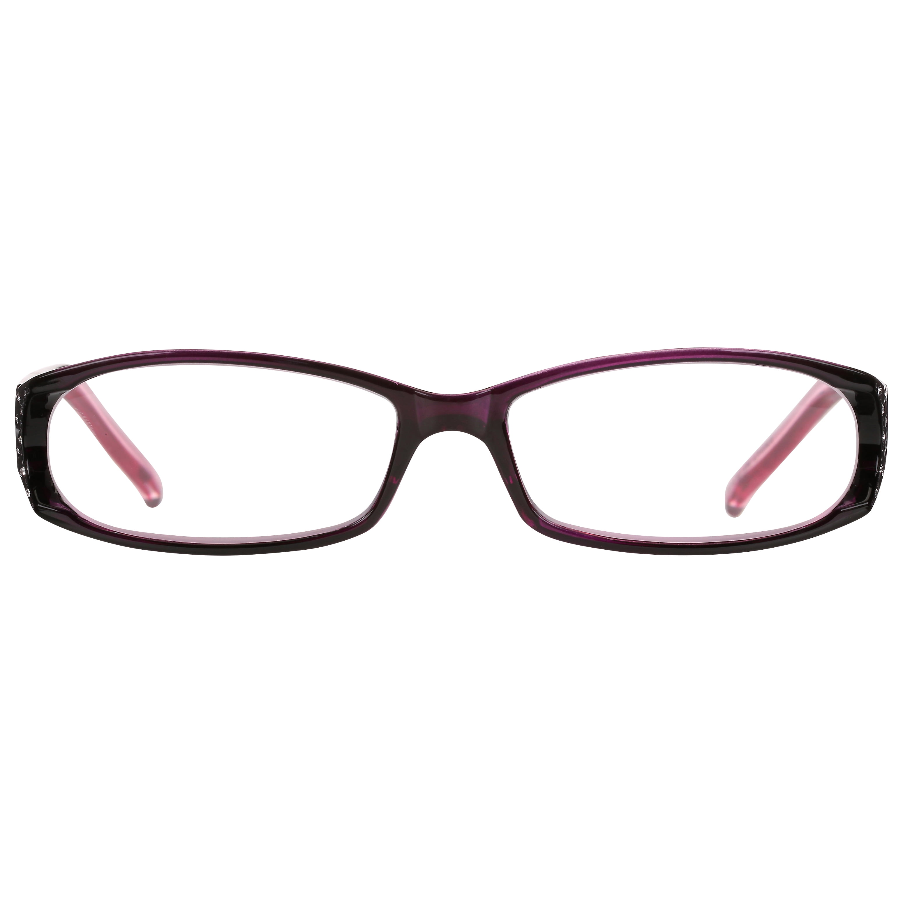 M+ Womens Rectangular Plastic Reading Glasses 3.25 Amber in Purple with Rhinestones