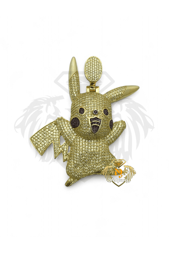 Pikachu Pave Yellow CZ Diamond Charm Pendant, 925 Sterling Silver