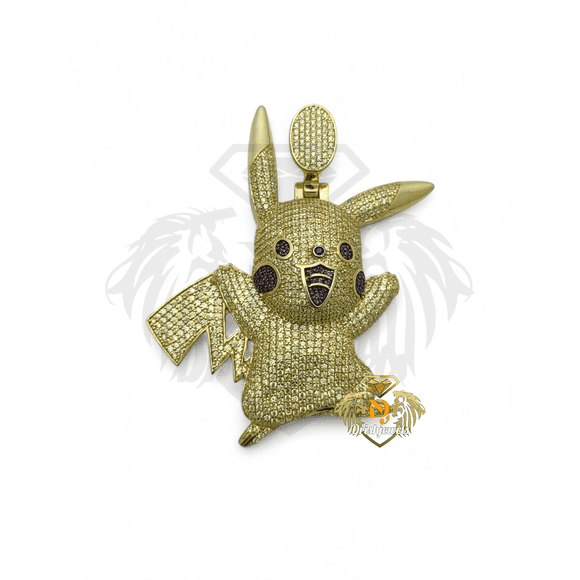 Pikachu Pave Yellow CZ Diamond Charm Pendant, 925 Sterling Silver