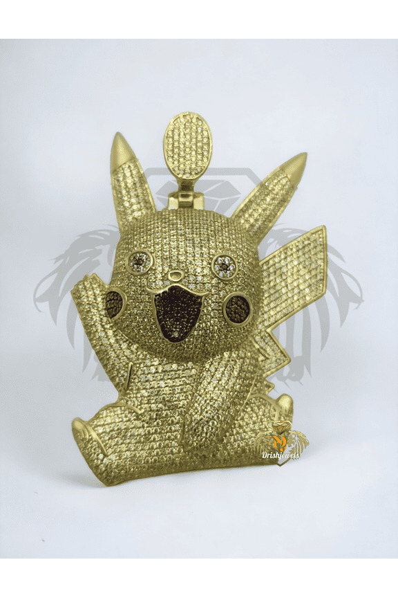 Yellow CZ Diamond Pikachu Pave Charm Pendant, 925 Sterling, Sterling Silver