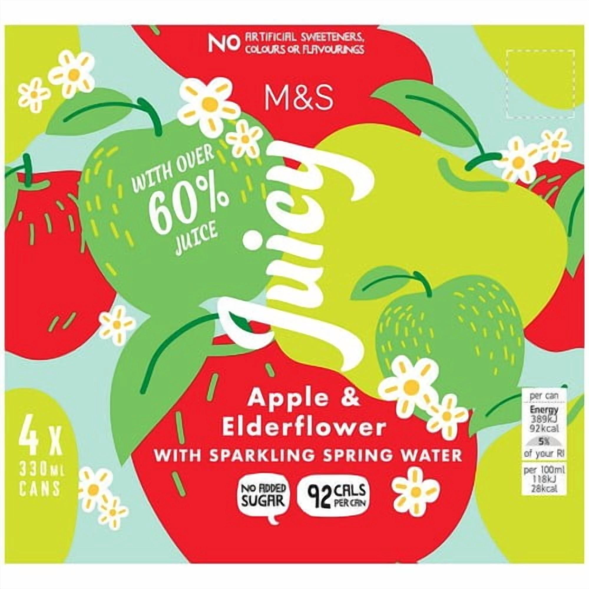 M&S Juicy Apple & Elderflower with Sparkling Spring Water Multipack 4 x 330ml, British Import (Pack of 2)