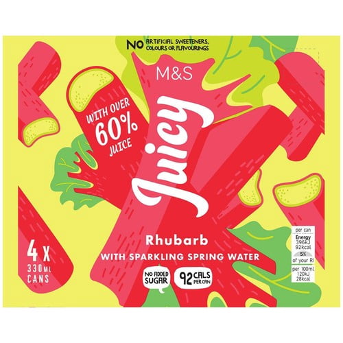 M&S Juicy Rhubarb with Sparkling Spring Water Multipack 4 x 330ml, British Import (Pack of 2)