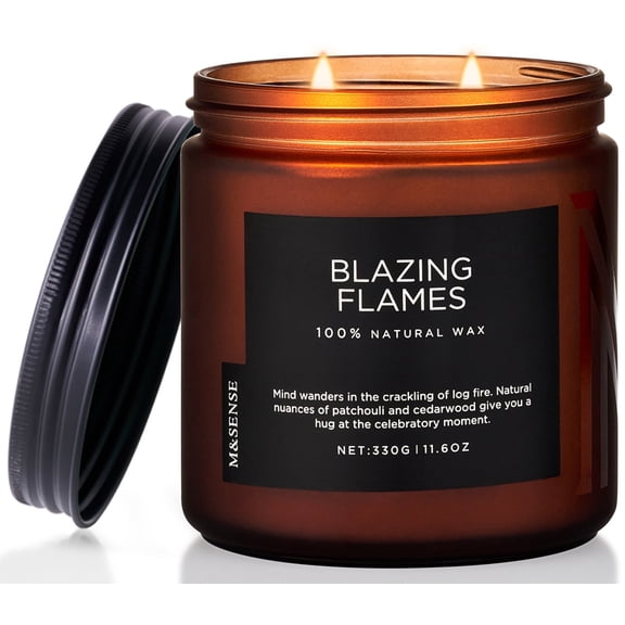 M&SENSE Blazing Flames Candle, 70 Hours Long Lasting Candle for Home Decor, 11.6oz Cade & Patchoulli Scented Candle, 2 Cotton Wick Natural Soy Wax Candle for Celebration Chritsmas Holiday