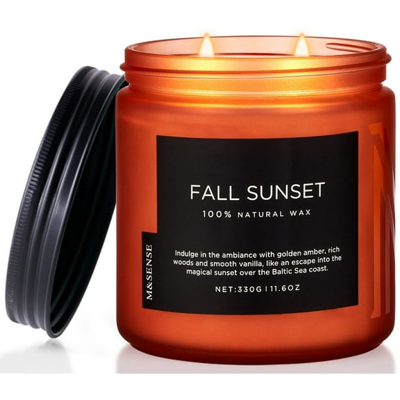 M&SENSE Fall Sunset, 11.6oz Baltic Amber Fall Scented Candle Clean Natural Soy Wax Non Toxic Candle, 2 Cotton Wick Jar Candle, Up to 70 Hours Burn Time, Housewarming Candle Gift for Home Scented