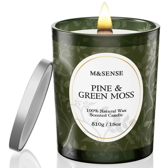 M&SENSE Pine Green Moss Strong Scented Candle, 18oz Wooden Wick Candle, 100 Hours Slow Burning No Toxin Natural Soy Wax,Calming Meditation Home Fragrance