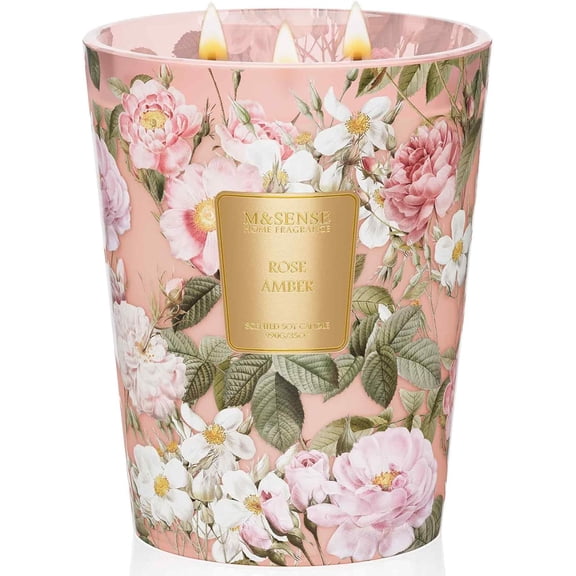 M&SENSE Rose Amber Scented Candle, 14.1oz 60H Long Lasting, 3-Wick Natural Soy Candles Aromatherapy Relaxing Sleep, Home Fragrance Housewarming