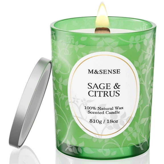 M&SENSE Sage Citrus Scented Candle, 18oz Wooden Wick Candle, 100 Hours Slow Burning Natural No Toxin Soy Wax, Stress Relief Relaxing Meditation Home Fragrance