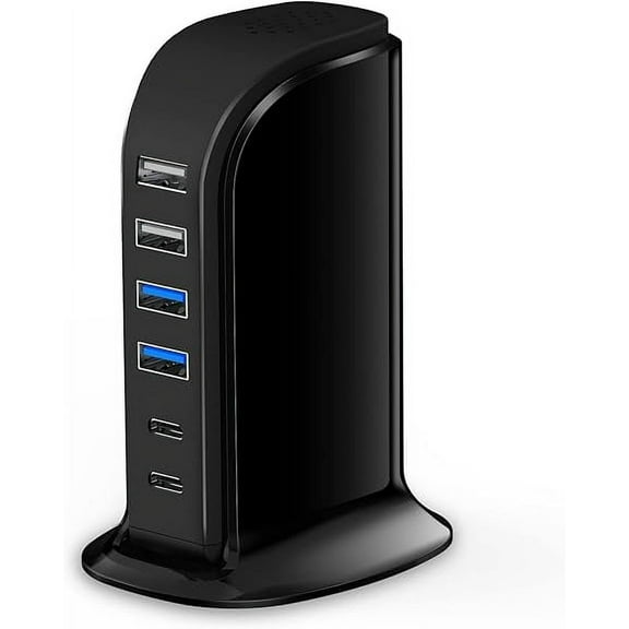 MSOUTGONE USB Charger , Charging Station for Multiple Devices 65W, 4 USB Ports Multiport Charger Tower, Universal Desktop Charger for Multiple Electronics (Travel-Ready, Black)