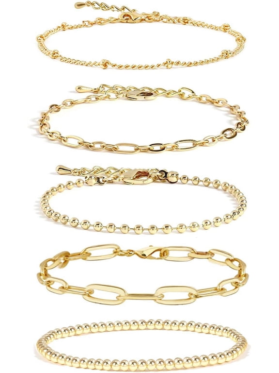 Gold Bracelets for Women, Adjustable Gold Plated Bracelet Stack Beaded Chain Bracelet Set, Fashion Accessories Jewelry Gift for Womens