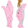 thumbnail image 1 of M Size Flannel Shark Blanket Hoodie, Soft Cozy Warm Wearable Shark Blanket, Funny Shark Onesie Sleeping Bag Blanket，Wearable shark blanket hoodie cartoon animal one-piece blanket(Pink）, 1 of 6