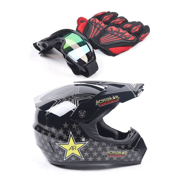 Black Motorcycle Full Face Helmet, Motorcross Dirt Bike ATV UTV Off Road MTB Racing Casco, DOT Lightweight Helmets with Goggle Glove for Adults Men