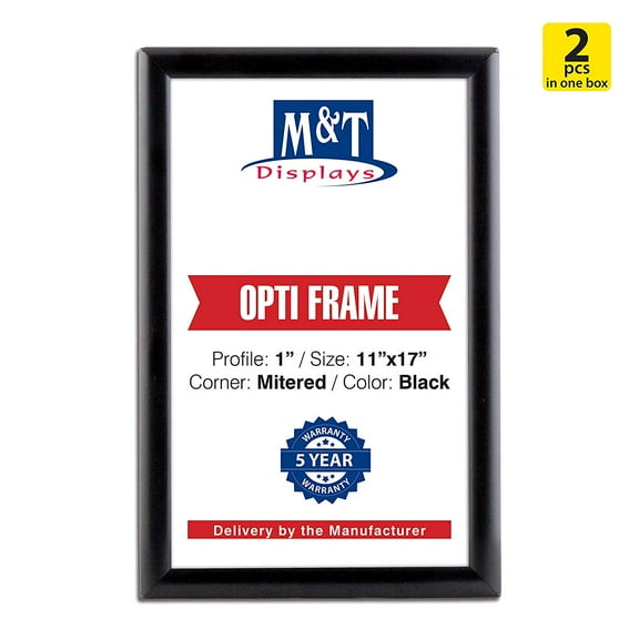 M&T Displays 11x17 Inch Snap Poster Frame, 1 Inch Black Color Aluminum Profile, Opti Frame, Safe Corners, Front Loading (2 Frames)