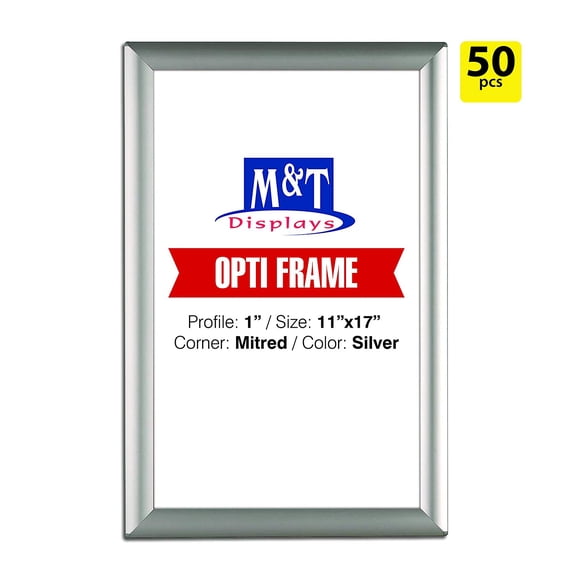 M&T Displays 11x17 Snap Frames, 1" Profile, Opti Frame, Safe Corners, Wall Mounted Frames - Silver / 50pcs / $9.45 Each