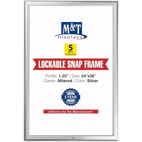 M&T Displays 24x36 Inch Silver Aluminum Lockable Snap Frame, 1.25" Profile, Wall Mounting, Front-Loading Poster, Picture, Certificate, Document Frame with Anti-Glare Cover (5)