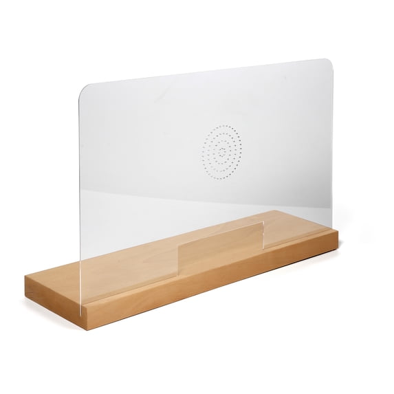 M&T Displays 25.56x17.03 Inch Wooden Base Hygienic Separator on Counter with Speaker Holes, Sneeze Guard, Protective Window for Employers & Customers, Barrier for Coughing & Sneezing (Natural Wood)