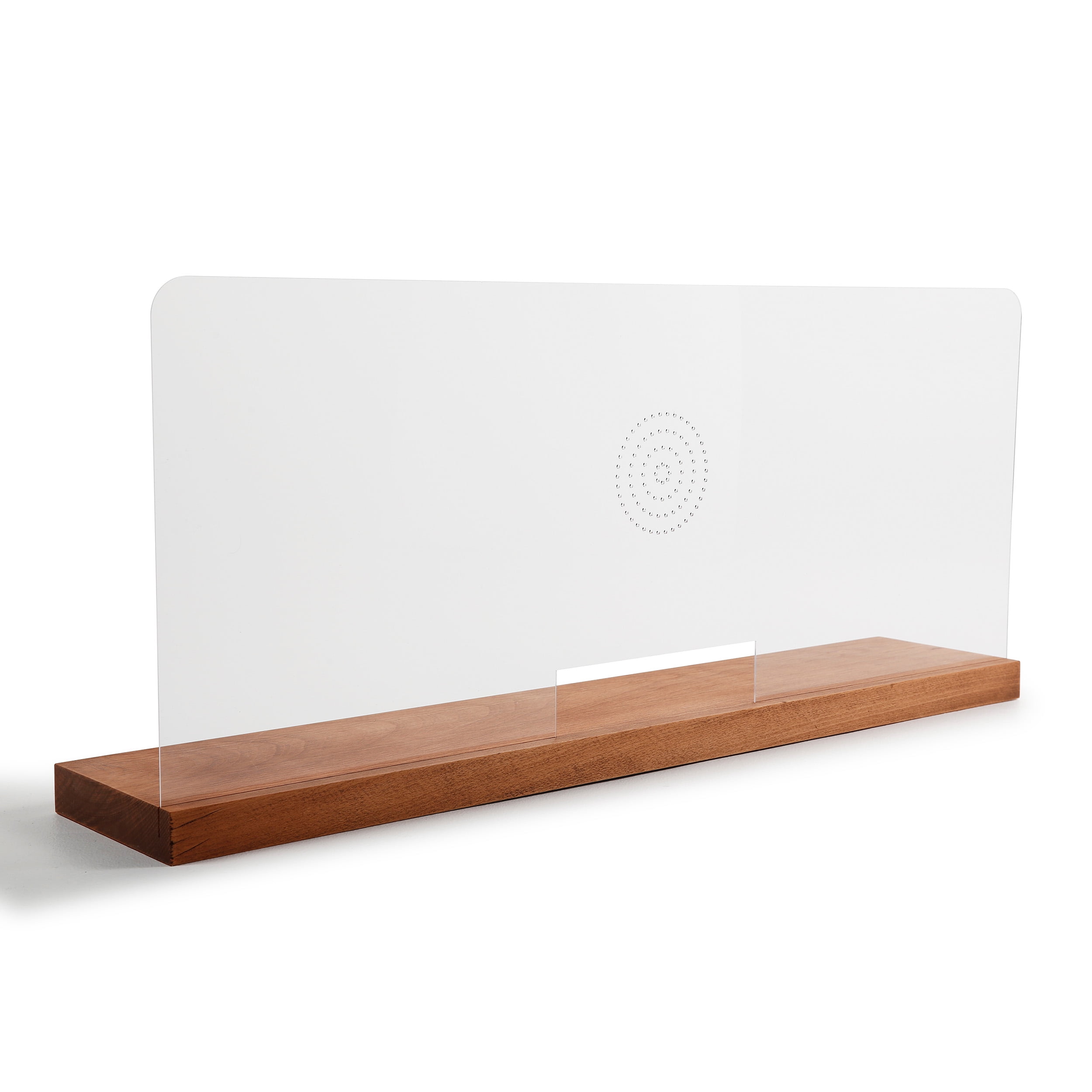 Dark Wood and Acrylic Tabletop Sneeze Guard with Speaker Holes