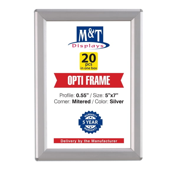 M&T Displays 5x7 Inch Opti Snap Poster Frame, Silver Aluminum Front Loading Picture Frame, Wall Mounted Sign Holder with Anti-Glare Cover for Office, Business, Certificate, Photo Display - 2 Pack