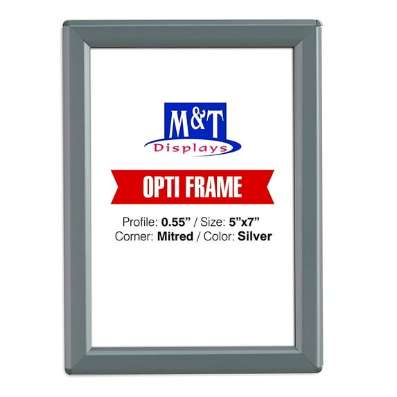 M&T Displays 5x7 Snap Frame, Opti Frame, Aluminum, Front Loading Photo Frame - Silver