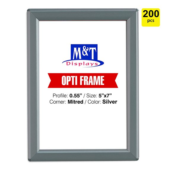 M&T Displays 5x7 Snap Frame, Opti Frame, Aluminum, Wall Mounted Frames, Front Loading - Silver / 200pcs