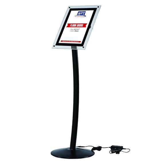 M&T Displays 8.5x11 LED Light Up Curved Menu Sign Stand for Floor with Clear Acrylic, Landscape & Portrait - Black, Illuminated Advertising Display