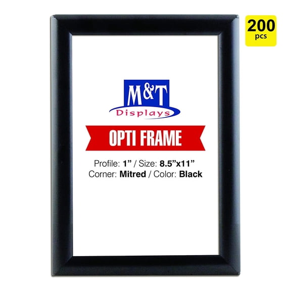 M&T Displays 8.5x11Snap Frame for Wall Mount, Opti Frame, 1 inch Profile-Black, 200