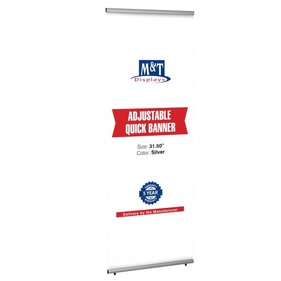 M&T Displays Adjustable Quick Banner Stand with Carrying Bag Aluminum Floor Standing Silver 35.4x74.81 Inch Display for Convention Conference Trade Show Office