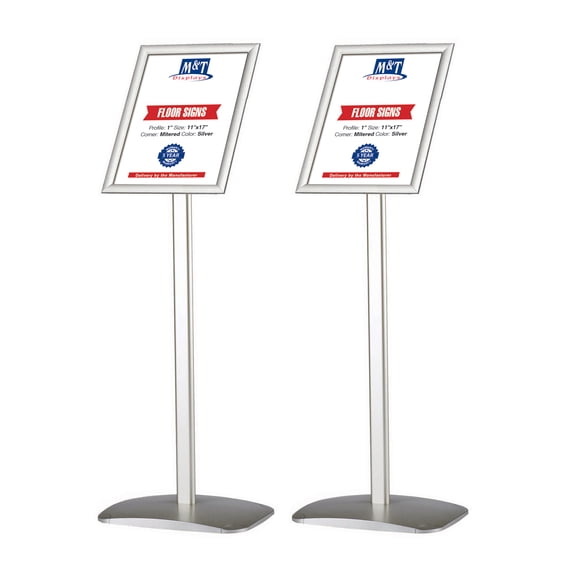 M&T Displays Pedestal Silver Menu Sign Holder - 11x17 Aluminum Snap Poster Frame - 2 Pack