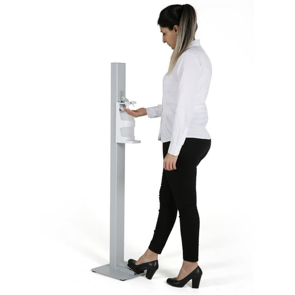 M&T Displays Basic Hand Sanitizer Dispenser Station Gray Handsfree Touchless Foot Operated Refillable 1000 mL. (33.8 oz.) for Liquid/Lotion Soap Sanitizing Products Floor Standing Commercial