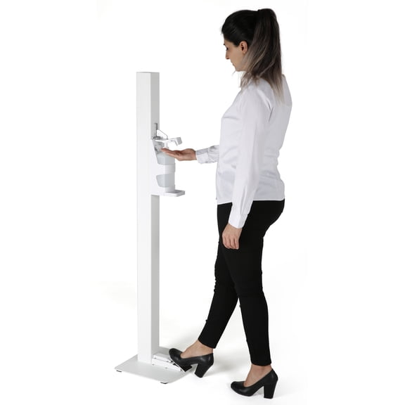 M&T Displays Basic Hand Sanitizer Dispenser Station White Handsfree Touchless Foot Operated Refillable 1000 mL. (33.8 oz.) for Liquid/Lotion Soap Sanitizing Products Floor Standing Commercial