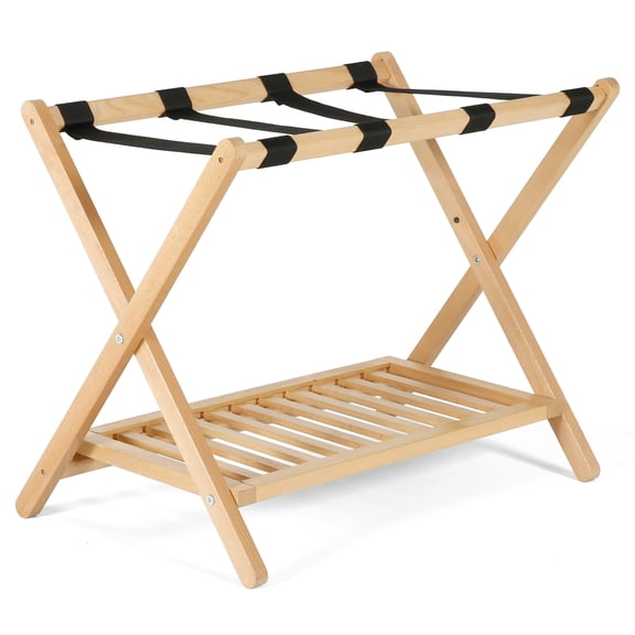 M&T Displays Beech Wood Folding Luggage Rack with Woolen Strips and Shelf for hotel, gym, spa, 200 lbs Carriage Capacity (Natural Wood, 18x30)