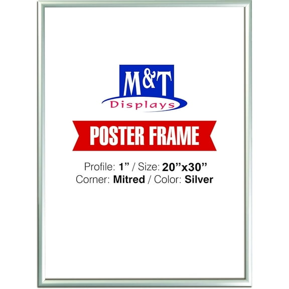 M&T Displays Black 20x30 Poster Frame, 1" Aluminum Profile, Front Loading, Wall Mounting, Snap Open, 20 x 30 Large Picture Frames