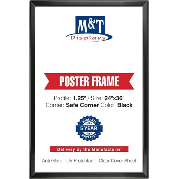 M&T Displays Black Snap Frame with Safe Corner 24x36 Poster Frame 1.25 inches Aluminum Profile Front Loading Wall Mounting Display for Picture, Document or Certificate