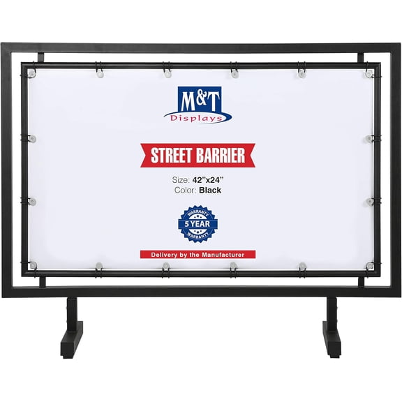 M&T Displays Black Steel Control Barrier 42x24–Floor Standing Advertising Fence with Vinyl Banner Holder, Movable Street Barrier for Restaurant, Cafe, Bar, Trade Shows, Events, Social Distancing