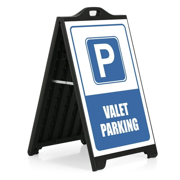 M&T Displays Black Street SignPro Board, Weatherproof A-Frame Sidewalk Curb Sign with 2 24x36 inch Matt Laminated Anti-Glare VALET PARKING Sticker Signs, Folding Portable Double Sided