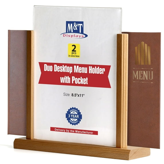 M&T Displays Classic Desktop Menu Sign Holder with Acrylic U Type Pocket (Natural Wood, 8.5x11) (2 Pack)