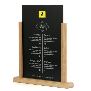 M&T Displays Classic Desktop Menu Holder with Chalkboard, Portrait Table Top Sign Holder, Ad Frame for Restaurant, Store, Office, Wedding, Party, Event (2 Pack) (Natural Wood, 8.5x11)