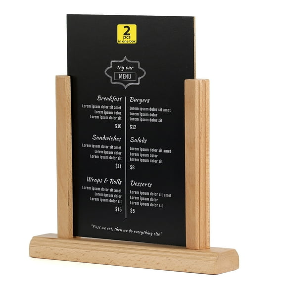 M&T Displays Classic Desktop Menu Holder with Chalkboard, Portrait Table Top Sign Holder, Ad Frame for Restaurant, Store, Office, Wedding, Party, Event (2 Pack) (Natural Wood, 5.5x8.5)