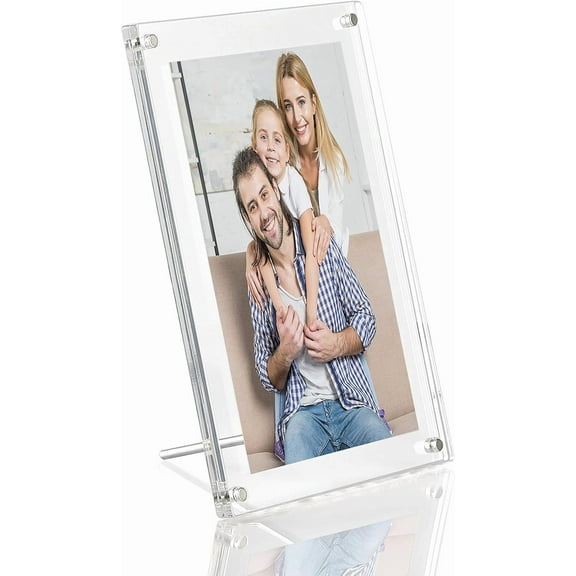 M&T Displays Clear Acrylic L Photo Frame, 4x6 inch Picture Sign Holder, Portrait, Landscape Desktop Stand (4-Pack)