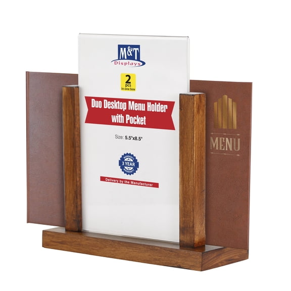 M&T Displays Contemporary Desktop Menu Holder with Acrylic U Type Pocket, Portrait Table Top Sign Holder, Ad Frame for Restaurant, Store, Wedding, Party, Event (2 Pack) (Dark Wood, 5.5x8.5)