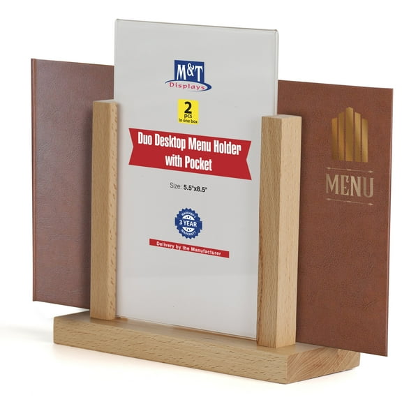 M&T Displays Contemporary Desktop Menu Holder with Acrylic U Type Pocket, Portrait Table Top Sign Holder, Ad Frame for Restaurant, Store, Wedding, Party, Event (2 Pack) (Natural Wood, 5.5x8.5)