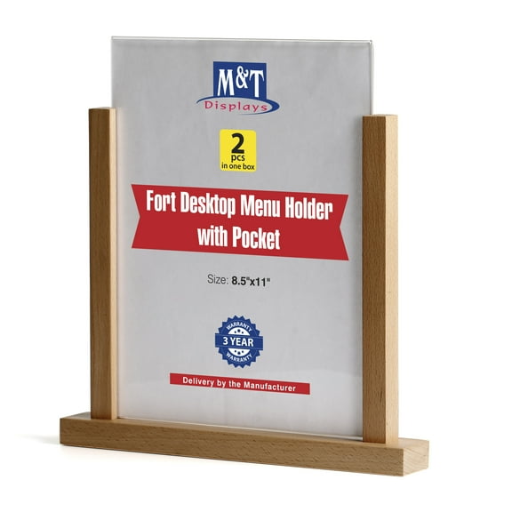 M&T Displays Contemporary Desktop Menu Holder with Acrylic U Type Pocket, Portrait Table Top Sign Holder, Ad Frame for Restaurant, Store, Wedding, Party, Event (2 Pack) (Natural Wood, 8.5x11)