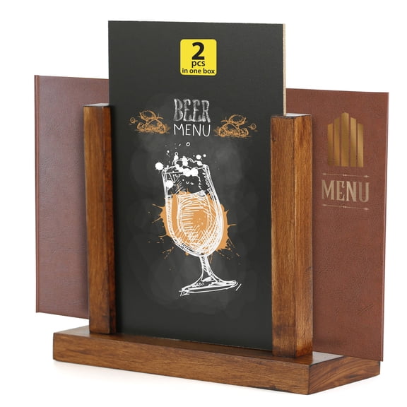 M&T Displays Contemporary Desktop Menu Holder with Chalkboard, Portrait Table Top Sign Holder, Ad Frame for Restaurant, Store, Office, Wedding, Party, Event (2 Pack) (Dark Wood, 8.5x11)