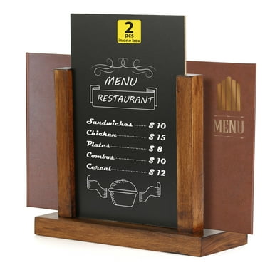 M&T Displays 2-Pack Dark Wood Desktop Menu Holder with Chalkboard, Portrait Table Sign for Events