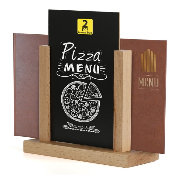 M&T Displays Contemporary Desktop Menu Holder with Chalkboard, Portrait Table Top Sign Holder, Ad Frame for Restaurant, Store, Office, Wedding, Party, Event (2 Pack) (Natural Wood, 5.5x8.5)