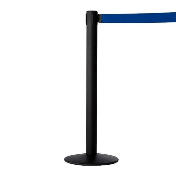 M&T Displays Crowd Control Stanchion Barriers Queue Post 37 inch High Safety Barrier Stands Line Dividers Retractable Blue Belt 9.85'/118" Heavy Base Floor Standing Steel Indoor Outdoor (2-Pack)
